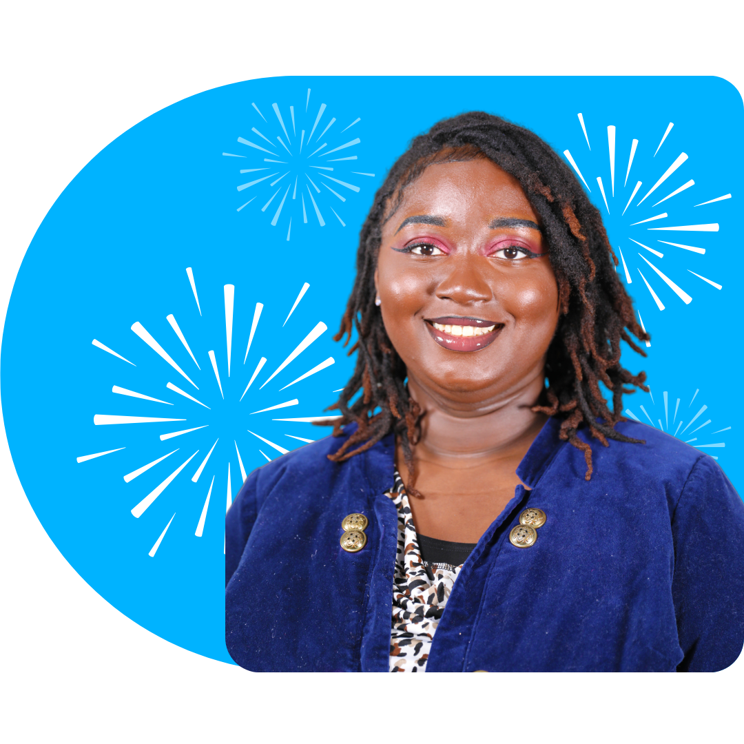 A person smiling, wearing a white blazer against a bright blue background featuring white, stylized firework illustrations.