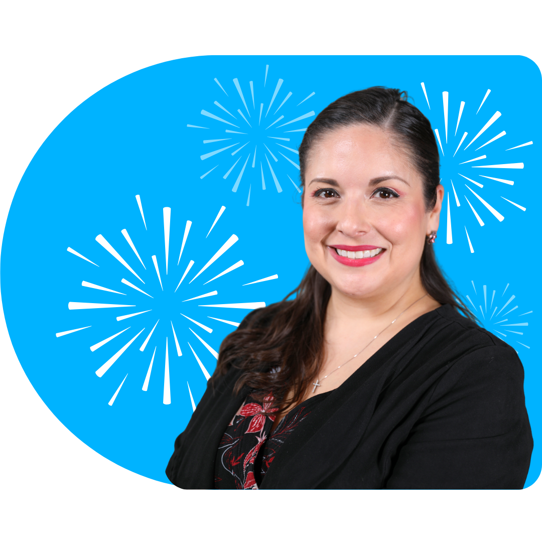 A person smiling, wearing a white blazer against a bright blue background featuring white, stylized firework illustrations.