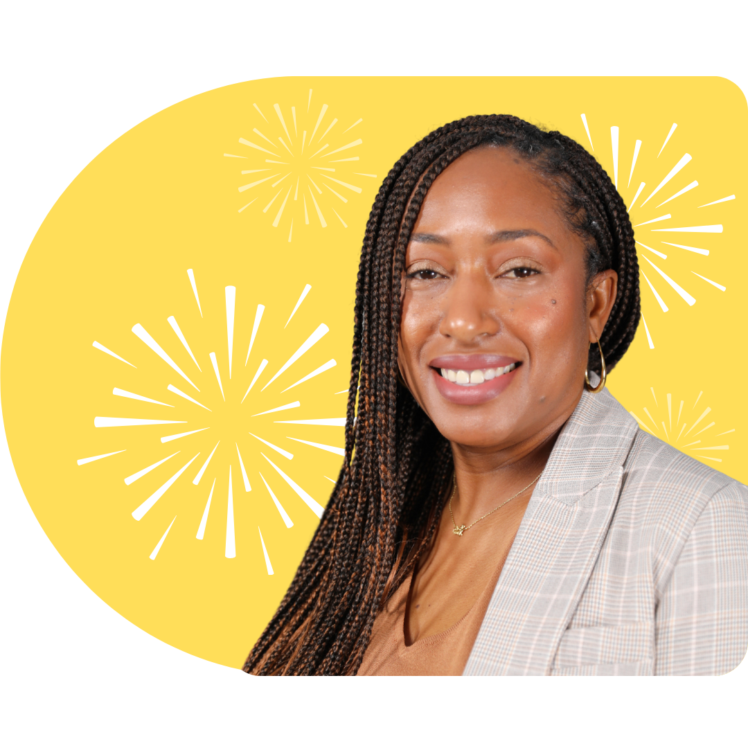 A person smiling, wearing a white blazer against a bright blue background featuring white, stylized firework illustrations.