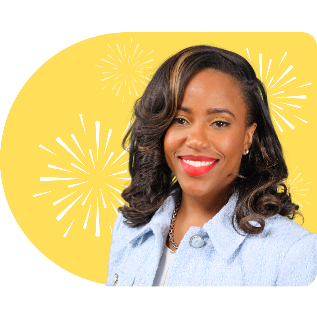 A person smiling, wearing a white blazer against a bright blue background featuring white, stylized firework illustrations.