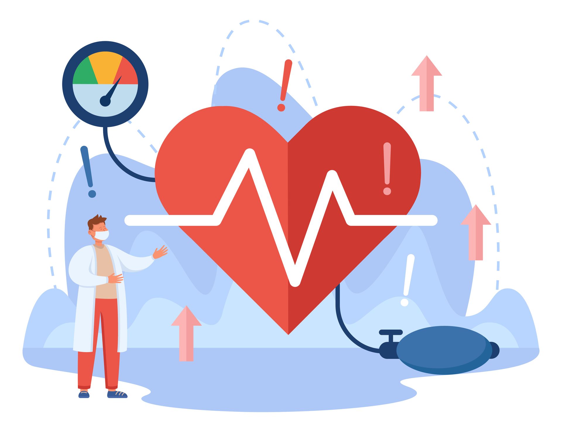 A medical professional stands next to a large red heart with an EKG line, a blood pressure gauge, and warning icons.