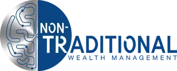 A logo for non-traditional wealth management with a brain in the middle