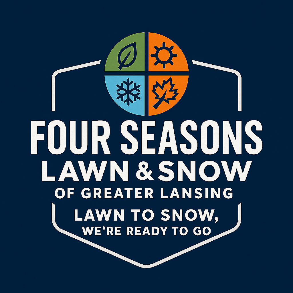 Logo for Four Seasons Lawn & Snow of Greater Lansing. Includes four season icons and text 