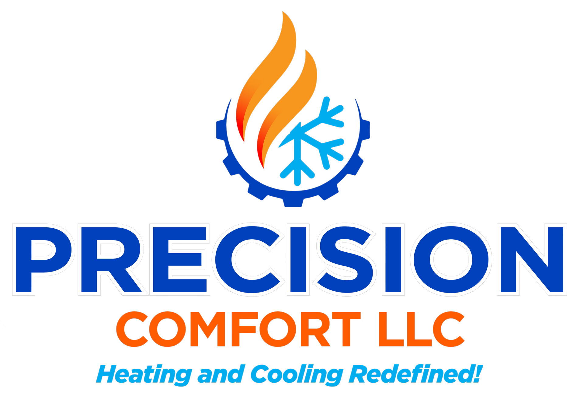 Precision Comfort LLC logo with blue flame and snowflake, orange &ldquo;Comfort,&rdquo; and &ldquo;Heating and Cooling Redefined!&rdquo;