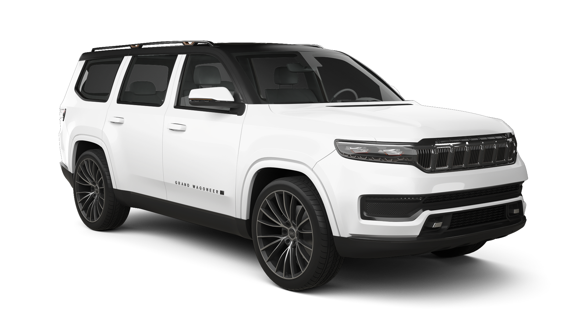 A white jeep grand cherokee is shown on a white background.