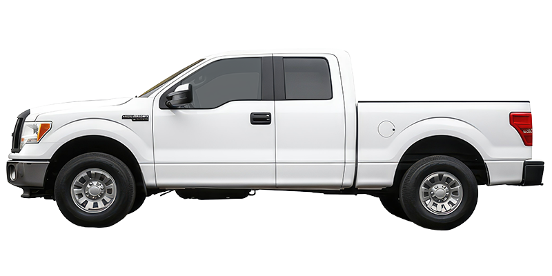 a white pickup truck is shown from the side on a white background.