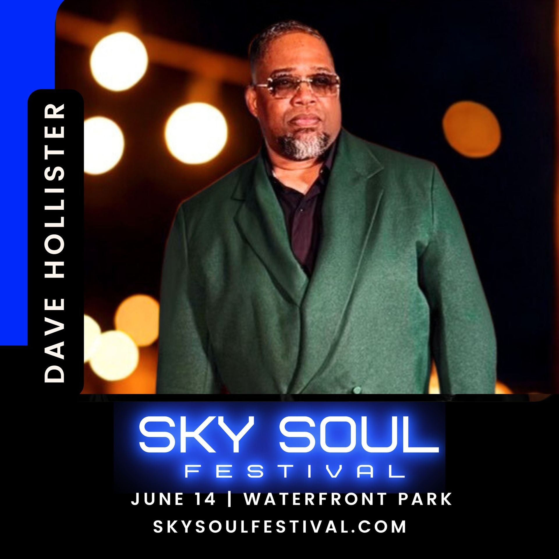 Dave Hollister at Sky Soul Festival, Waterfront Park, June 14. Green coat, stage lights.