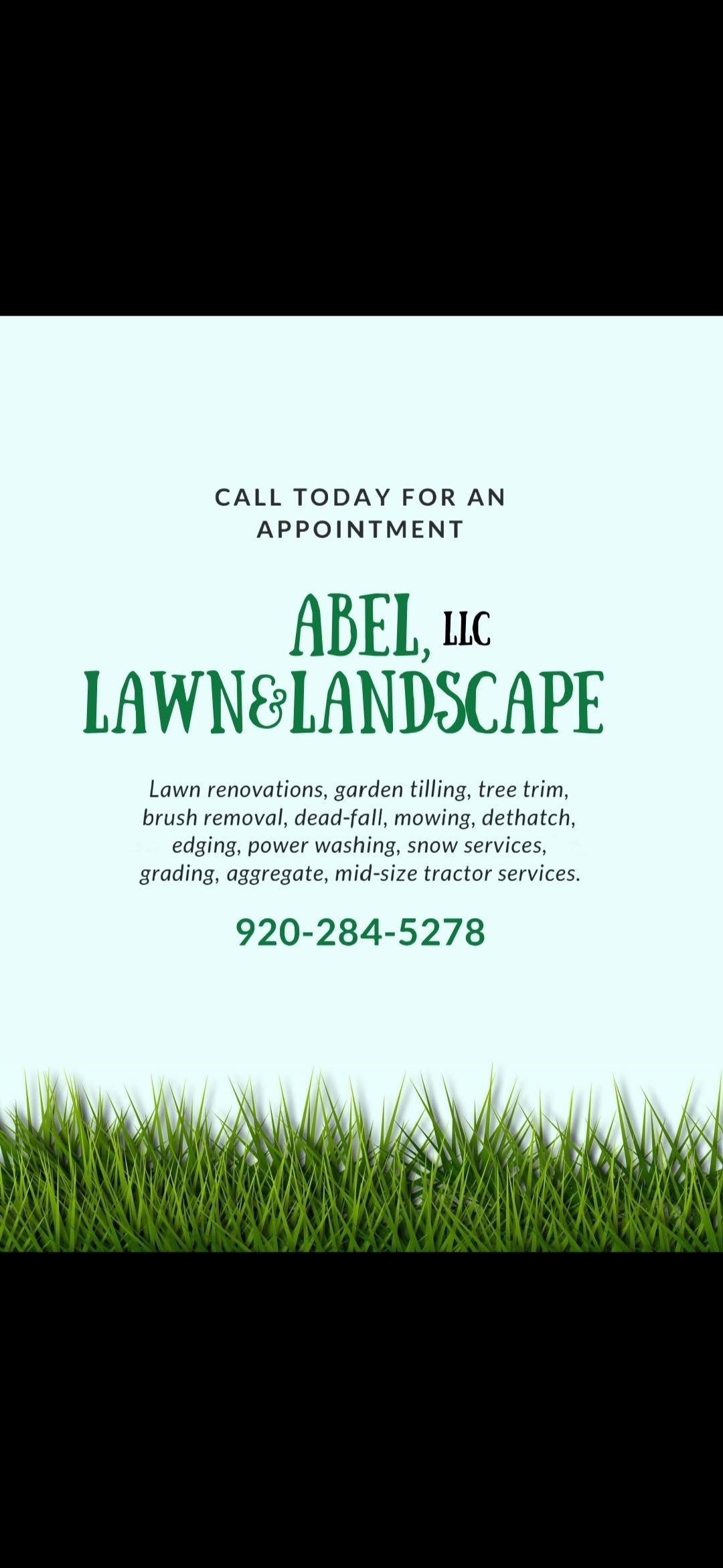 Business card for Abel, LLC, Lawn & Landscape, phone number: 920-281-5270. Green text on a light blue background, grass graphic at the bottom.