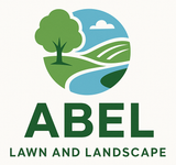 Logo for Abel Lawn and Landscape, with a tree, rolling hills, and a river in a blue and green circle.