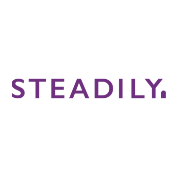 The steadily logo is purple and white on a white background.