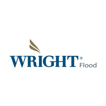 The logo for wright flood has a sailboat on it.