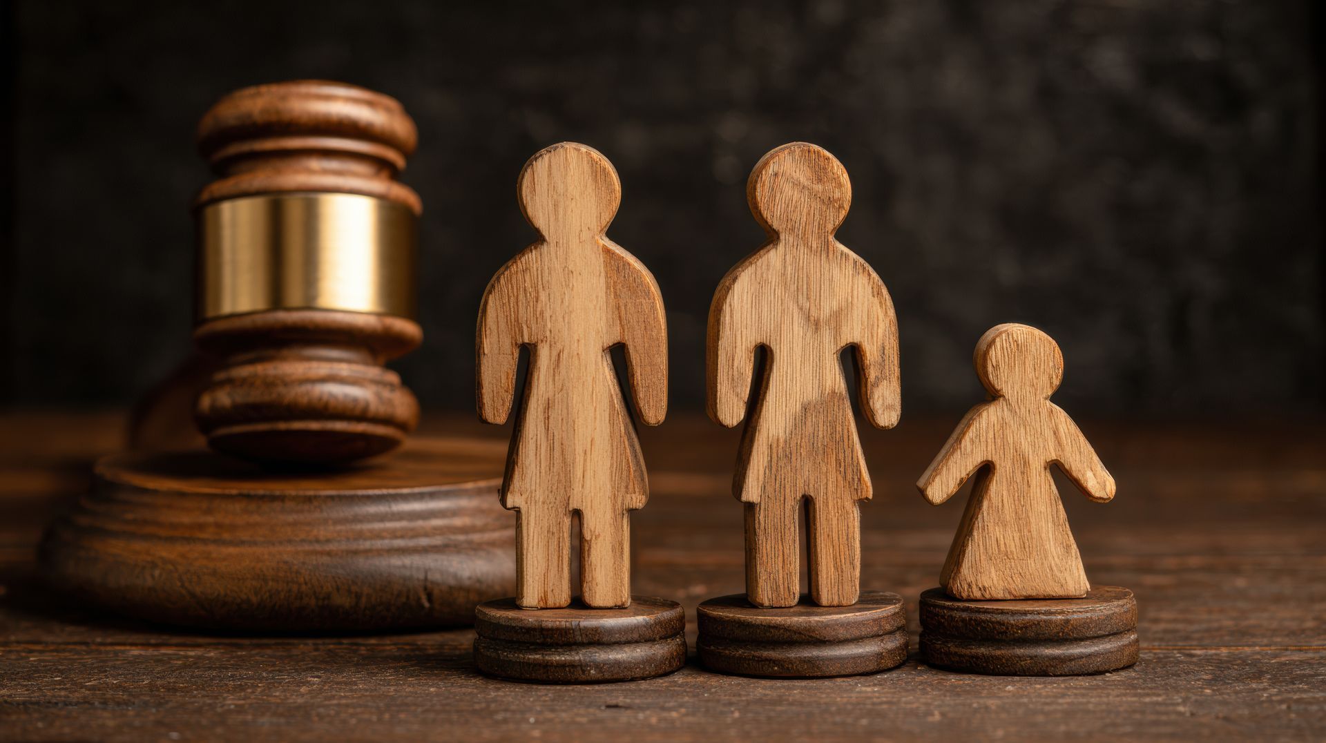 Wooden family figures with a gavel on a dark wooden surface.