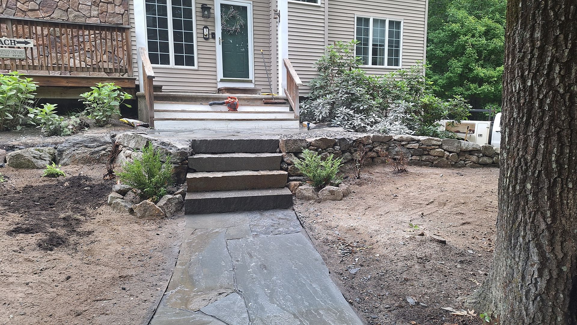 Concrete path and steps leading to a house with a green door and bushes. A tree is on the right.
