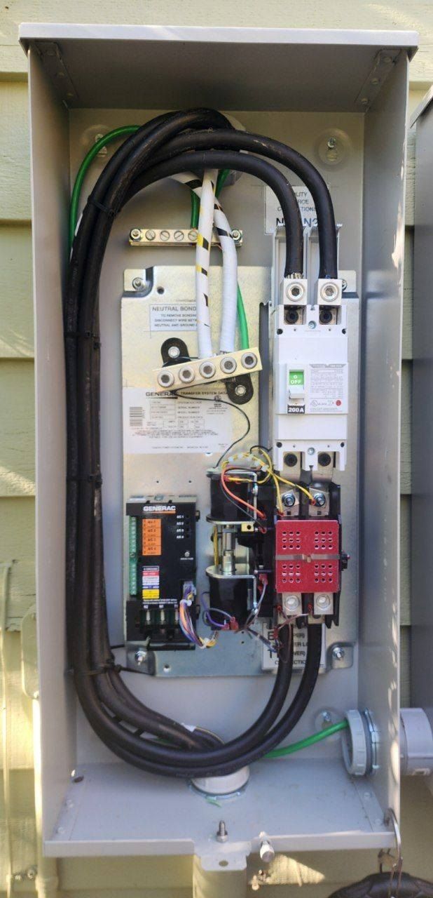 Electrical box with wiring and components mounted on a building.
