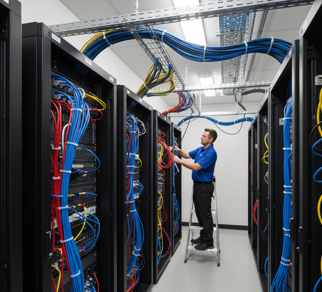 Man working on server cables in a data center; blue, red, and yellow wires; racks, ladder.