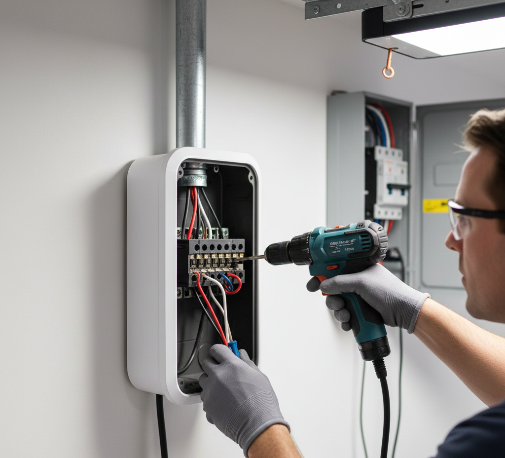 Electrician installing wires in a white electrical box with a drill in a garage setting.