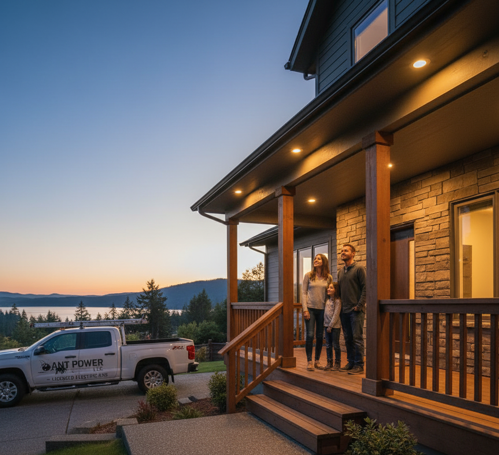 Family standing on porch of a home as a service truck sits in the driveway at dusk.