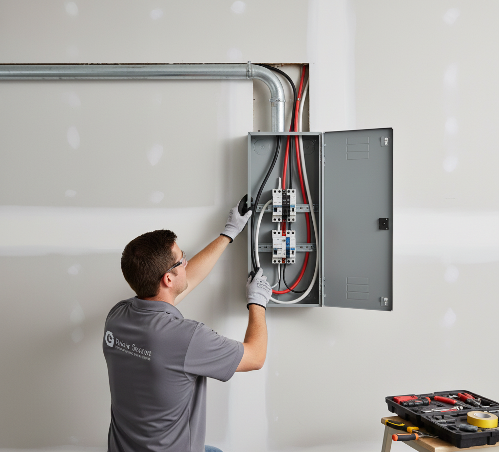 Electrician installing electrical panel on a wall, conduit and tools visible.