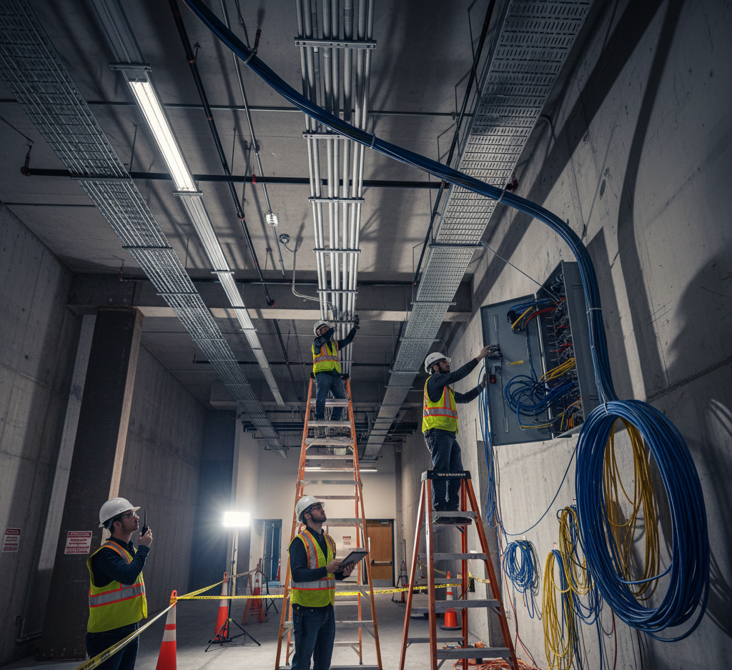 Construction workers in safety vests and hard hats install electrical wiring on scaffolding.