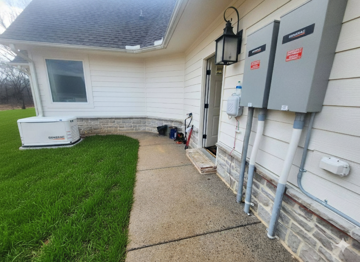 Exterior view of a house with a generator on the lawn and electrical boxes next to the entrance.