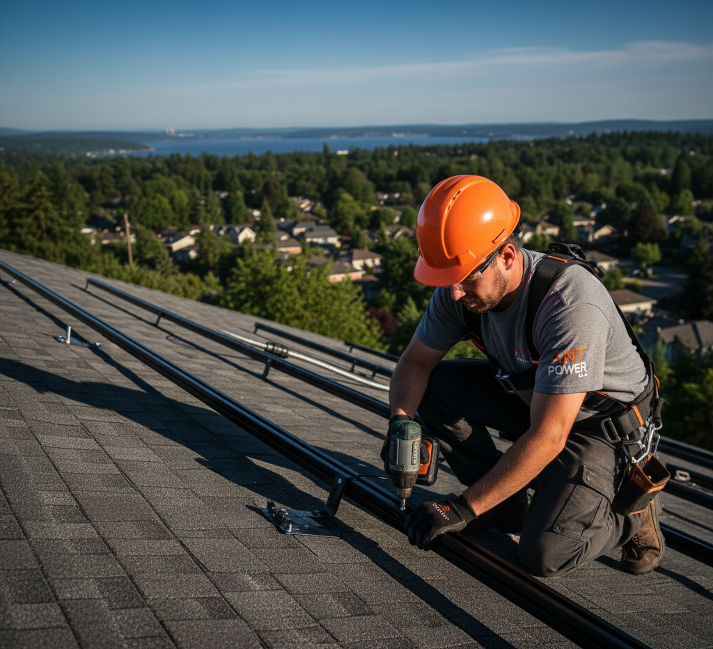 Roofer in orange hard hat drills on solar panel frame, overlooking a residential area and water.