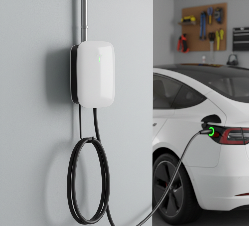 White EV charger on a gray wall, charging a white electric car in a garage.