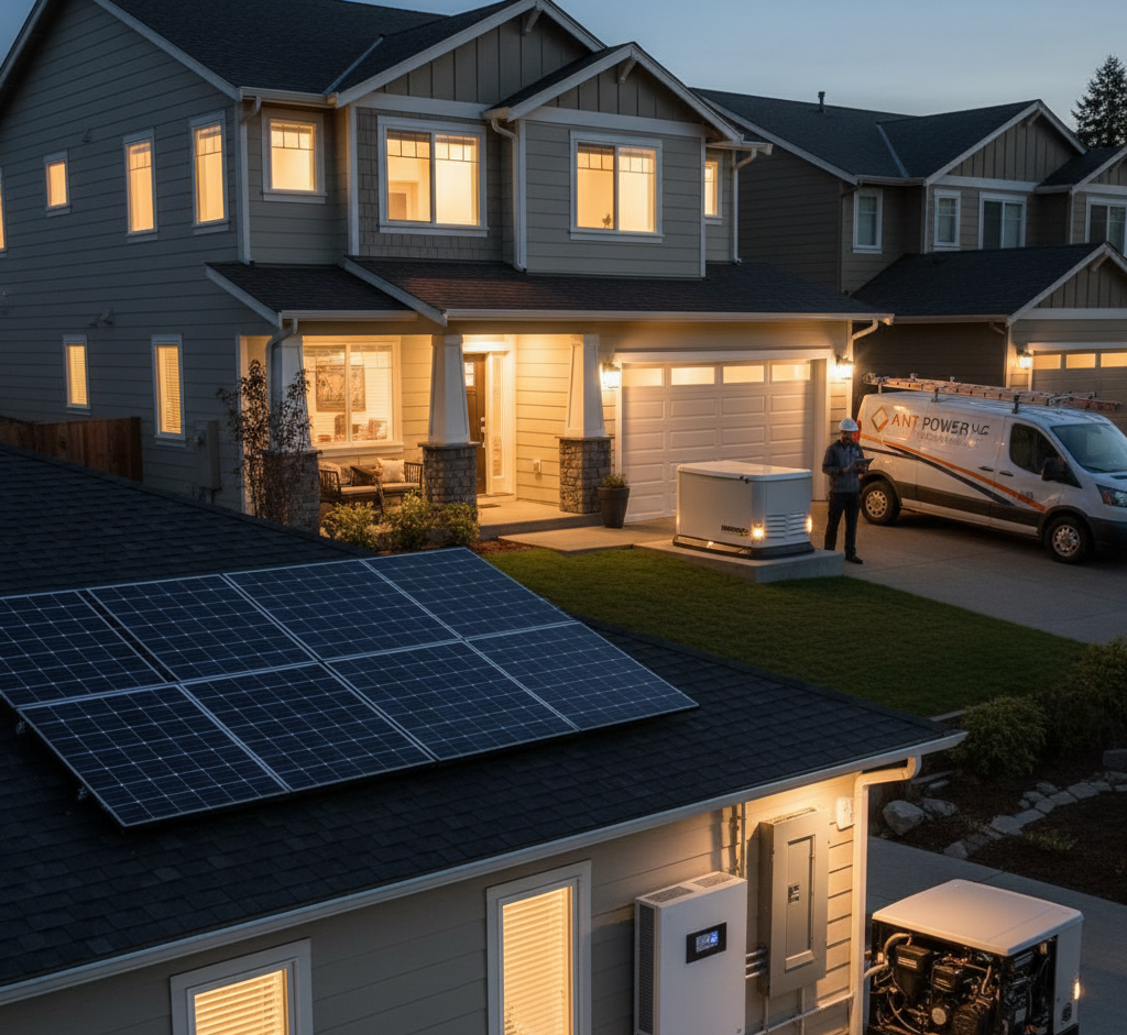 House with solar panels, energy storage system, and service van at night. A person near a storage unit.