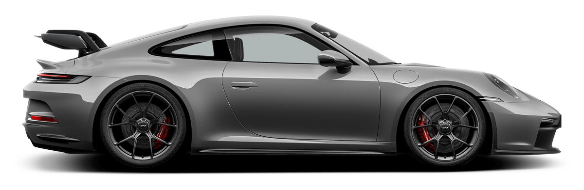 Gray Porsche sports car with black rims and a spoiler.