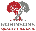 Logo for Robinsons Quality Tree Care featuring two intertwined red and gray trees with a shield shape in the center.