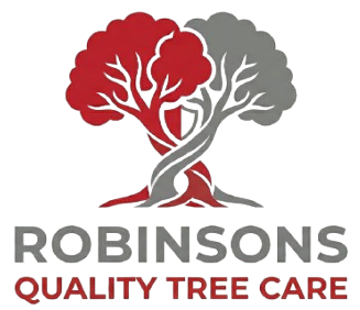 Logo for Robinsons Quality Tree Care featuring two intertwined red and gray trees with a shield shape in the center.