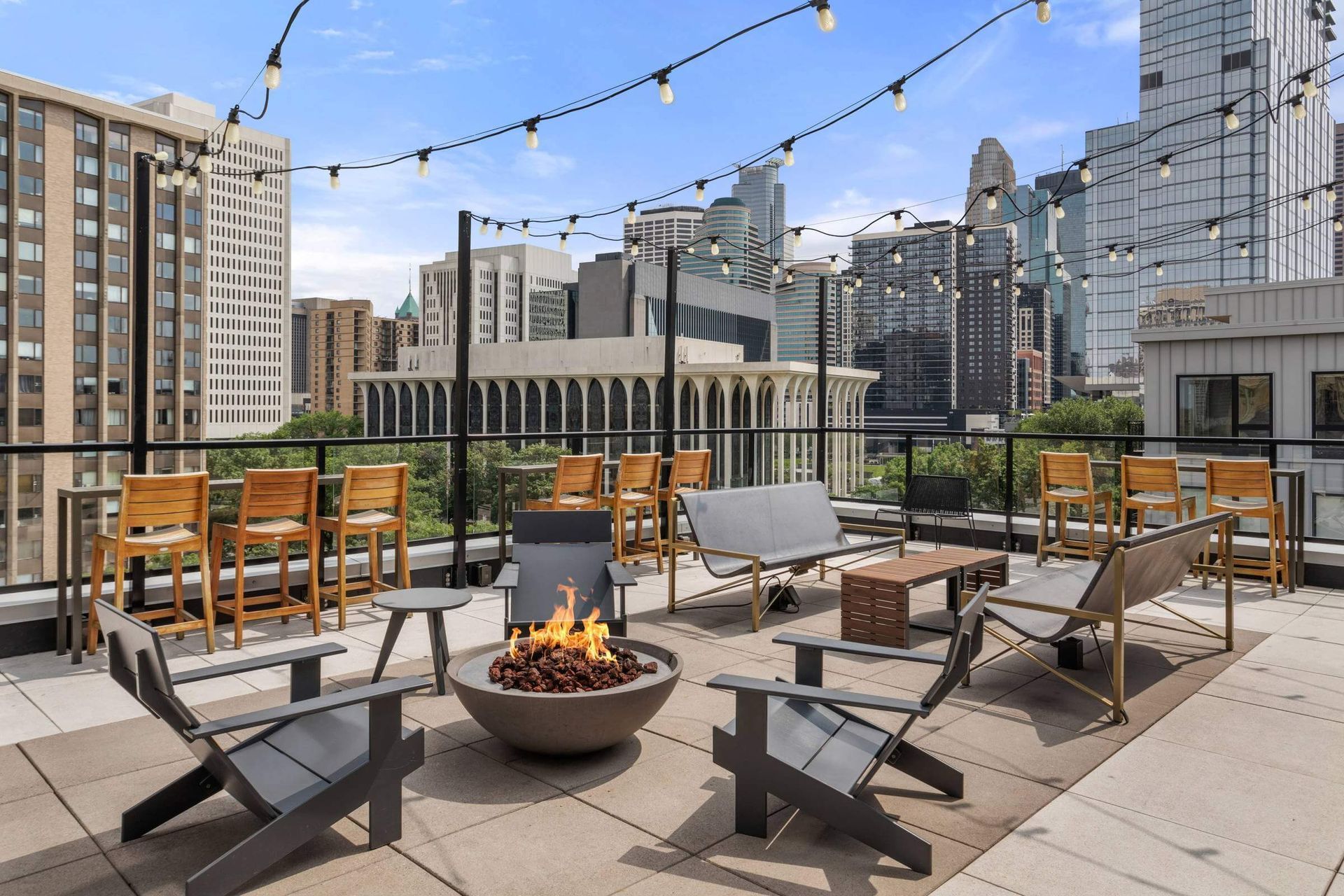 There is a fire pit on the roof of a building.