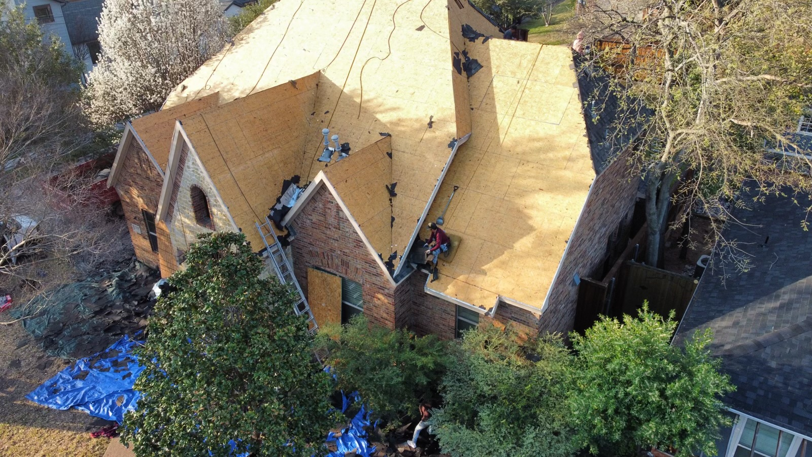 House roof being repaired; worker on the roof, partially covered, blue tarp at base of house, trees.