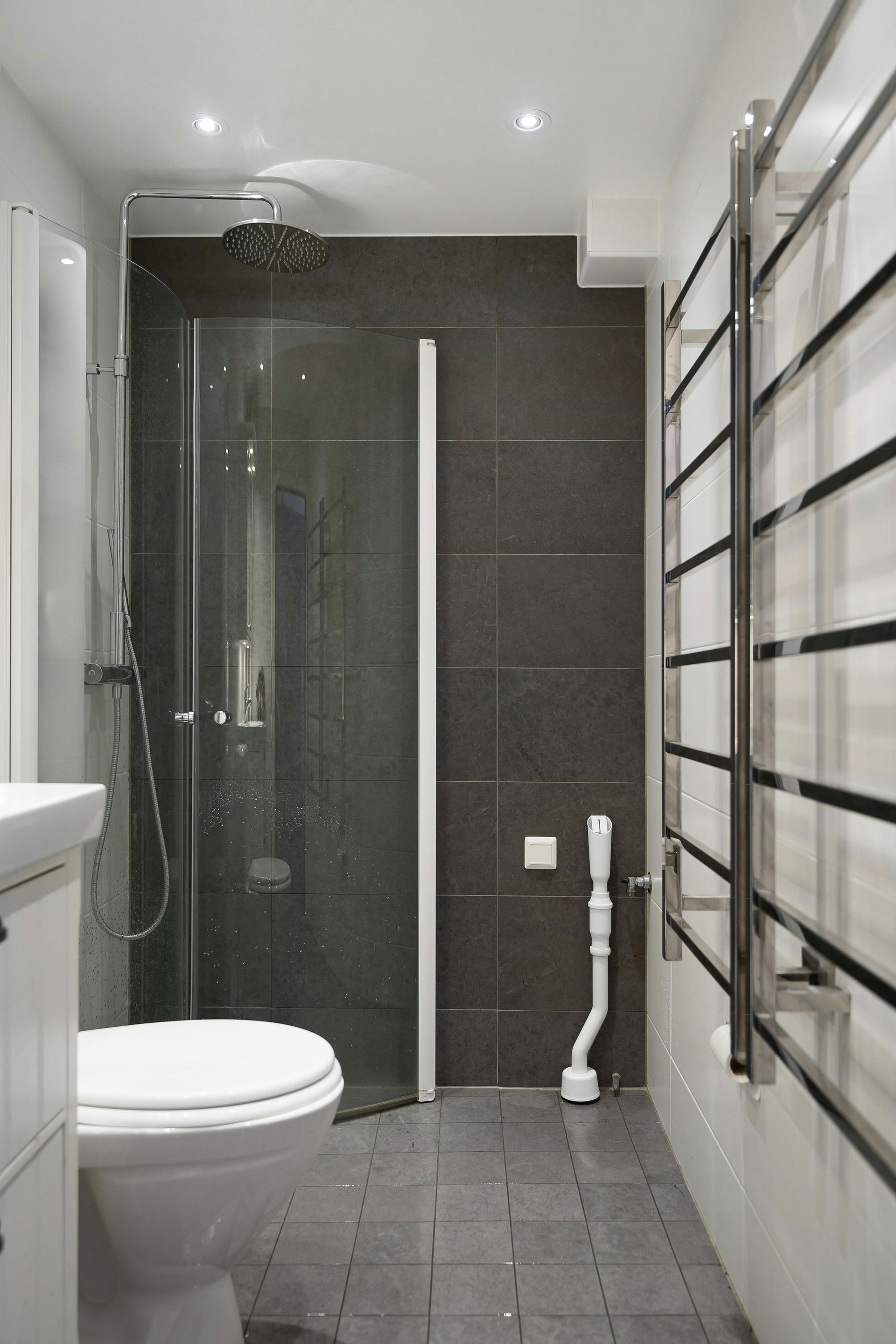 Bathroom with gray tile floor, dark tiled shower, white toilet and towel rack.