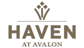 Logo for Haven at Avalon: brown text, top emblem, light brown.