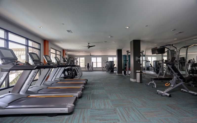Gym interior with treadmills, exercise equipment, and windows.