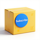 Yellow cardboard box with a blue “Subscribe” button on the front