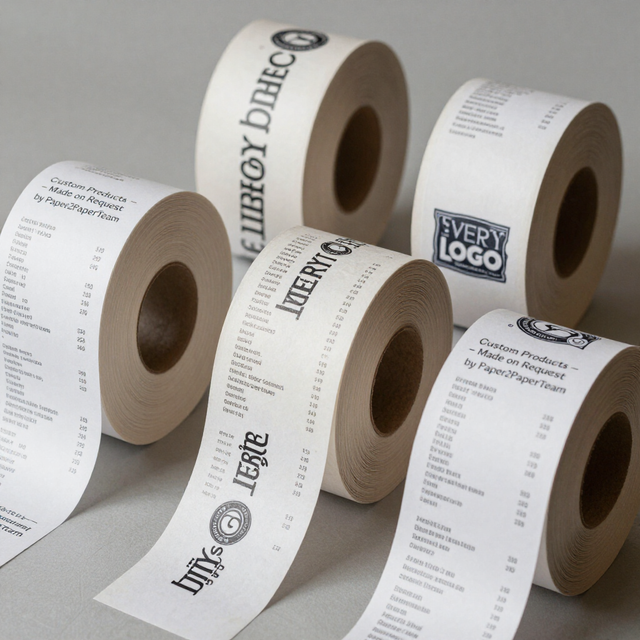 Several rolls of white receipt paper with black printed text and logos on a plain background