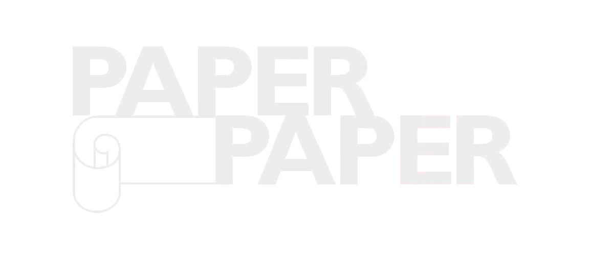 Light gray “PAPER PAPER” text with a small toilet paper roll icon on a white background