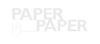 Light gray “PAPER PAPER” text with a small toilet paper roll icon on a white background