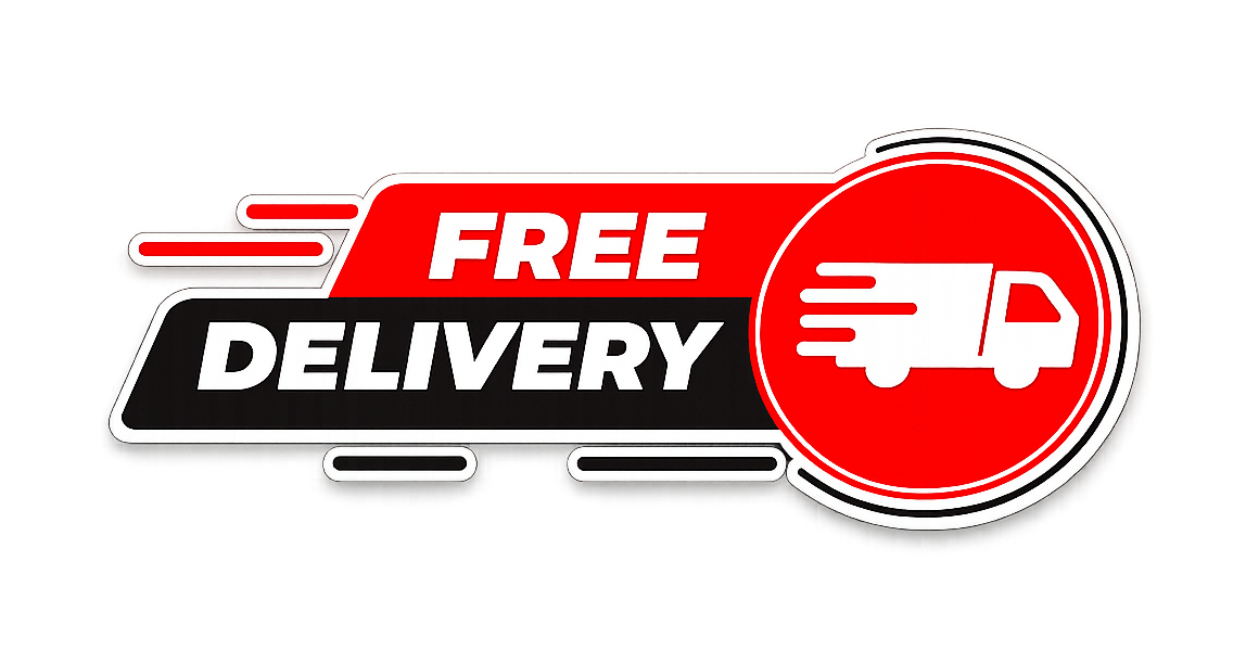 Red and black free delivery banner with a white delivery truck icon