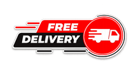 Red and black free delivery banner with a white delivery truck icon