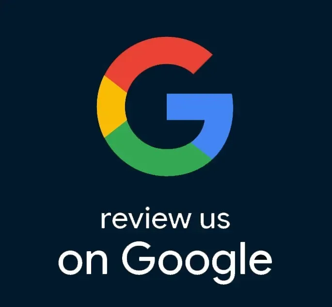 Google logo with the text “review us on Google” on a dark blue background