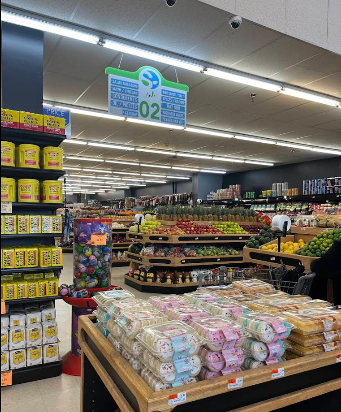 A grocery store with a sign that says 02 on it