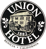 Union Hotel logo, black and white. Building illustration, text 