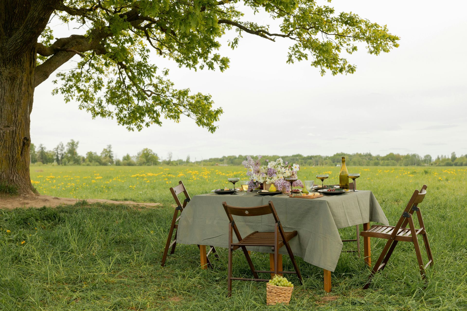 Picnic table set beneath a tree in a meadow, green tablecloth, chairs, food, and flowers.