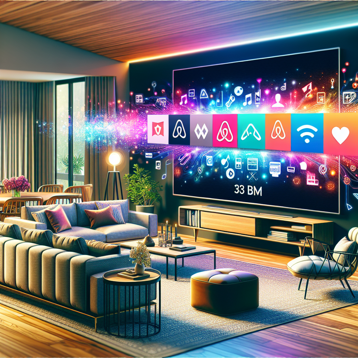 A modern living room with a sleek design, featuring the best TV for Airbnb at the center emitting vibrant colors. The room is designed for group viewing, with comfortable seating and symbols representing popular streaming platforms.