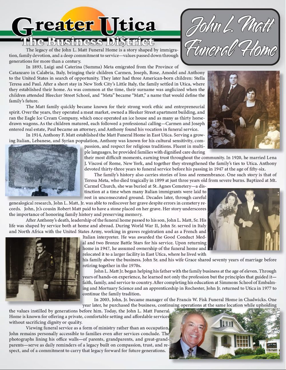 A historical summary of John L. Matt Funeral Home in Utica, featuring vintage photos of its founders, family, and staff.