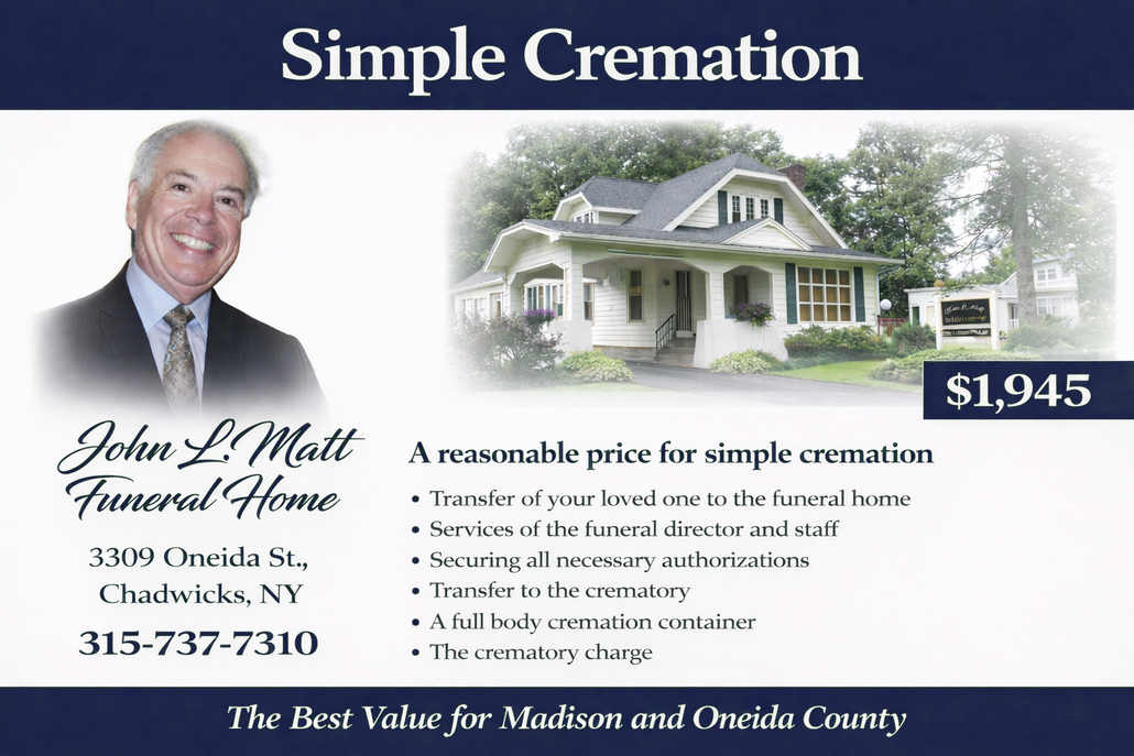 Advertisement for John L. Matt Funeral Home’s $1,945 simple cremation service in Chadwicks, NY, featuring contact details.
