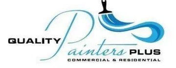 Logo for Quality Painters Plus; blue paintbrush with swirled paint, and text.