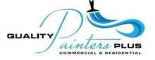 Logo for Quality Painters Plus; blue paintbrush with swirled paint, and text.